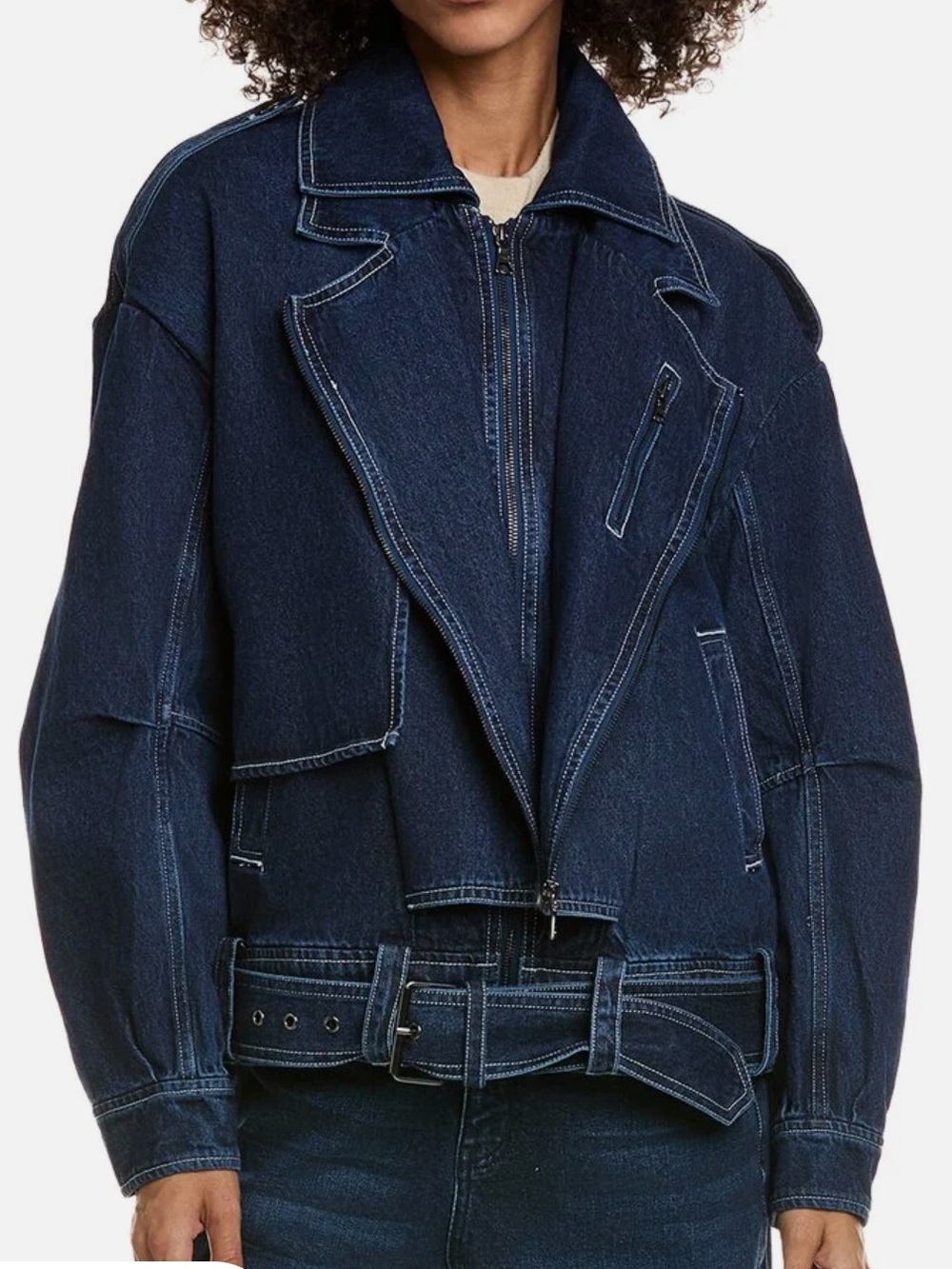 Bardot Sz XL /US 10 Kavi Oversized Denim Jacket Zip-Front Moto Belted Dark Blue